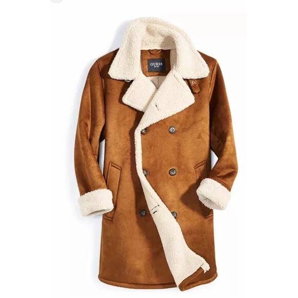GUESS Mens Double Breasted Faux Shearling Overcoat Brown Medium - Picture 4 of 11